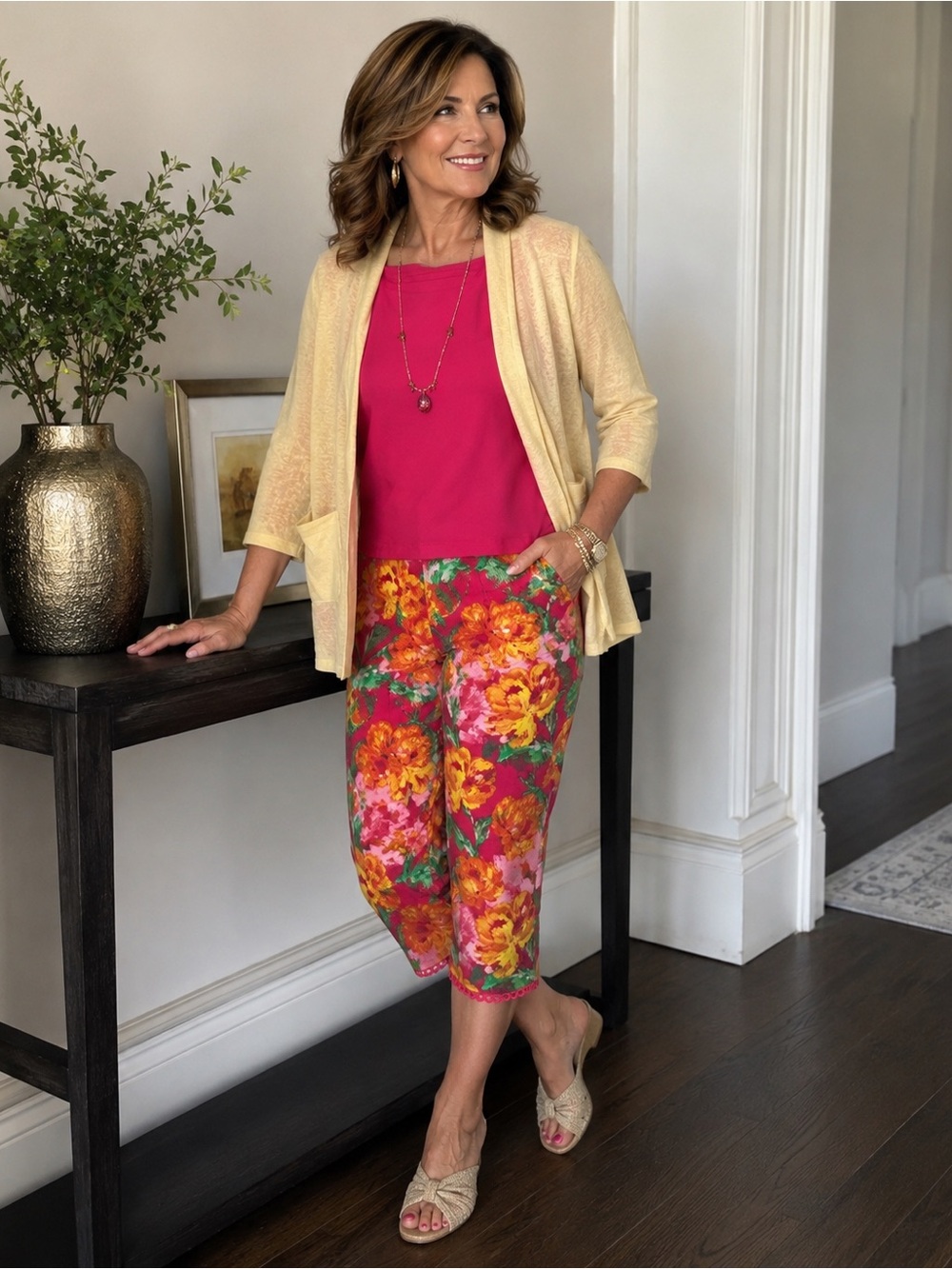 Stunning Floral Cropped Pants in Vibrant Multi-Color with necklace
